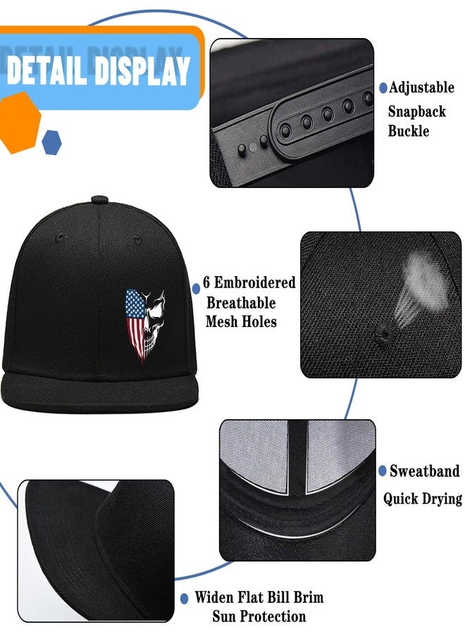 FACITE Skull American Flag Hat Snapback Hats for Men Flat Bill Hats for Men Fitted Black Baseball Cap Rock Hip Hop Cool Trucker hat for Mens Skeleton Flat Brim dad Gifts Skateboard Accessories - Image 4